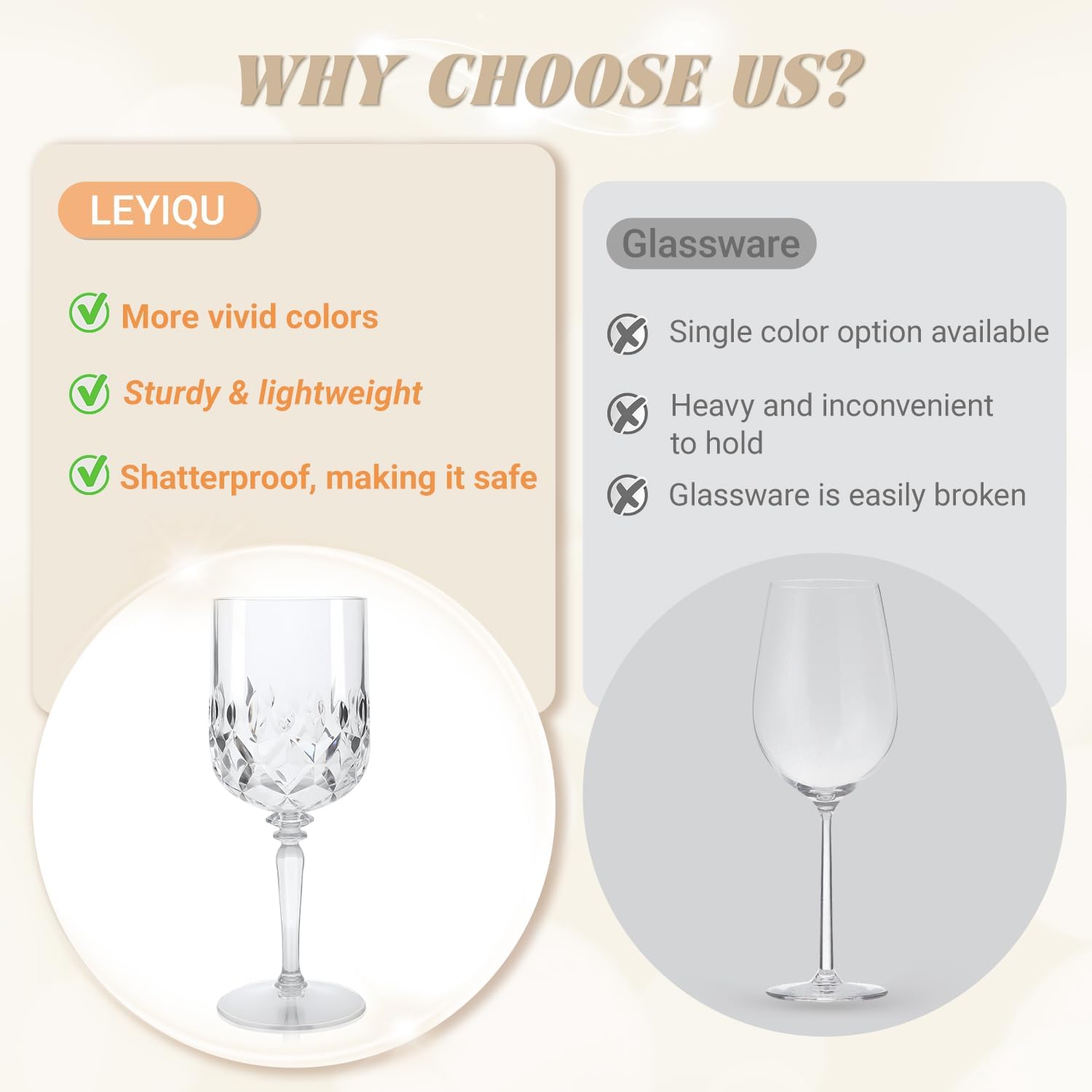 Detachable Plastic Wine Glasses 12oz (Set of 12, Clear), Unbreakable Reusable BPA-Free Vintage Goblets Stemmed Drinking Glasses, for Weddings Parties Events, Diamond-Cut Design