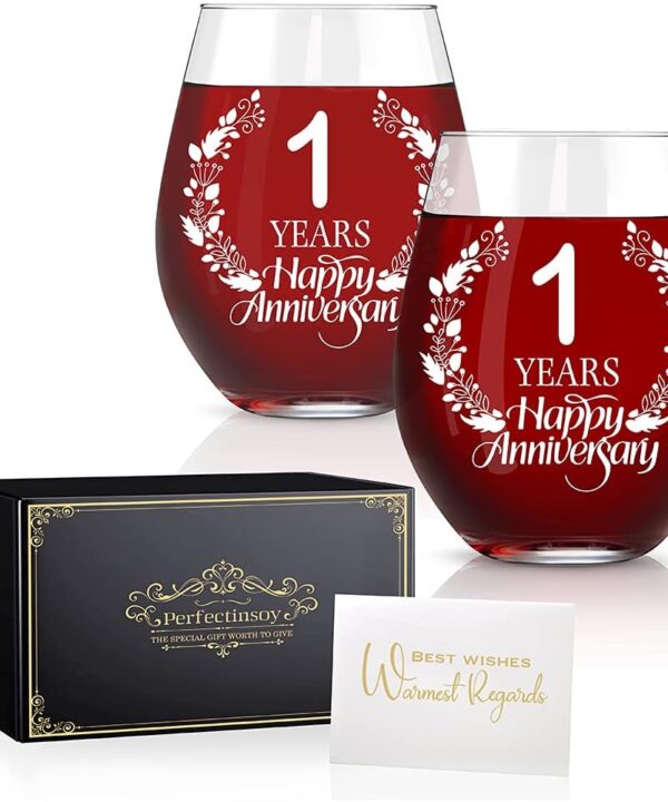Perfectinsoy 1 Years Happy Anniversary Wine Glass Set of 2, Happy 1th Anniversary Wedding Gifts for Mom, Dad, Soulmate, Couple, Funny Vintage Unique Personalized, 1 Years Gifts