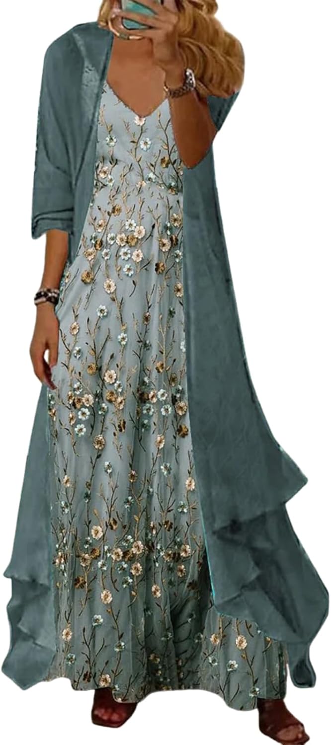 LOZ 2 Piece Sets for Women Summer Maxi Dresses Sleeveless Spaghetti Strap Floral Dresses with Sheer Cardigan Matching Sets