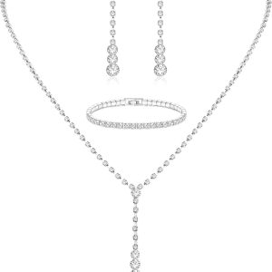 Jstyle Silver Bridal Jewelry Set for Women Rhinestone Necklace Dangle Earrings Bracelet Set Wedding Jewelry Sets for Brides Bridesmaid Crystal Prom Costume Jewelry Accessories for Women
