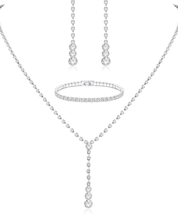 Jstyle Silver Bridal Jewelry Set for Women Rhinestone Necklace Dangle Earrings Bracelet Set Wedding Jewelry Sets for Brides Bridesmaid Crystal Prom Costume Jewelry Accessories for Women