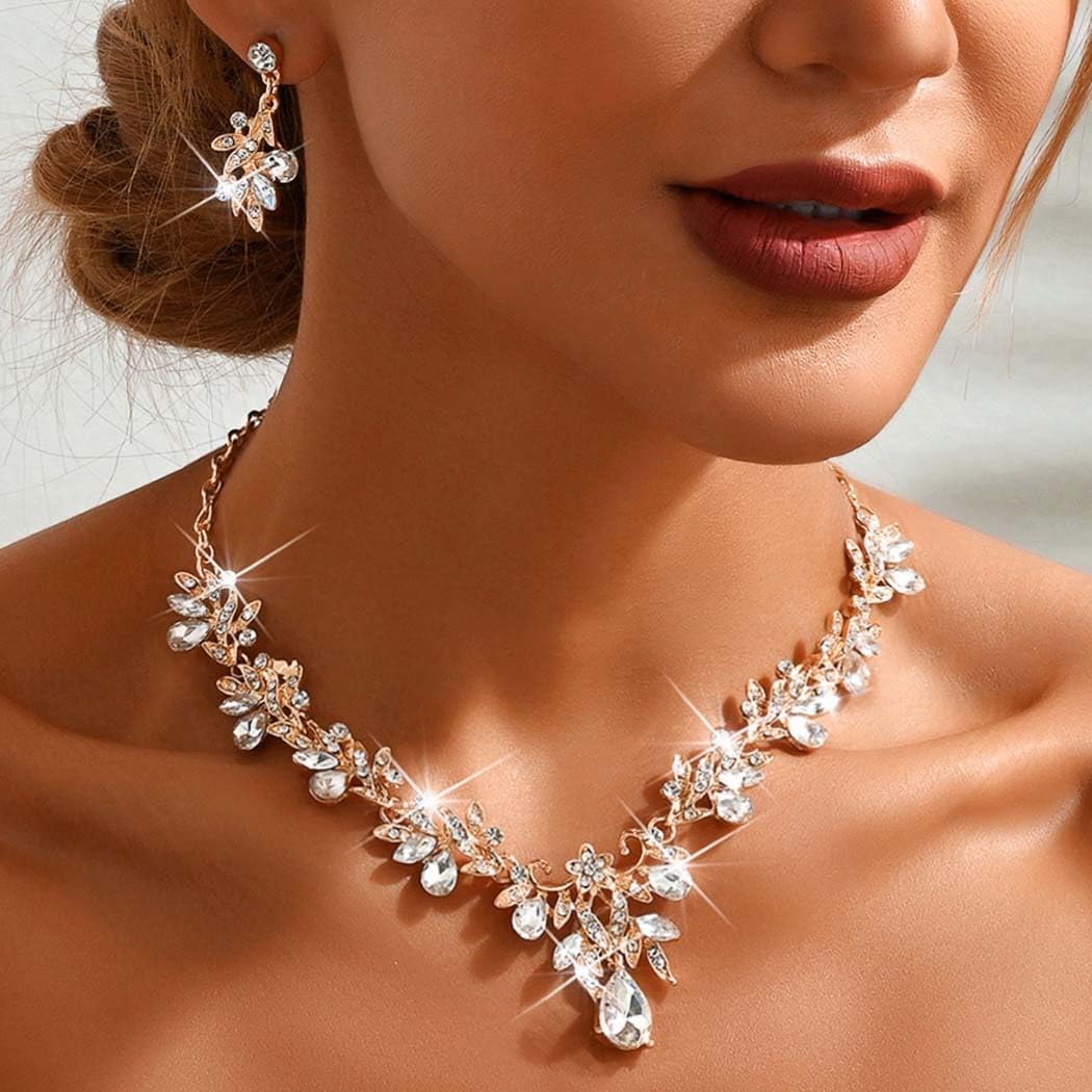 Unicra Rhinestone Bridal Wedding Jewelry Sets Gold Necklace Earrings Set Leaf Prom Formal Costume Jewelry Set for Women and Brides