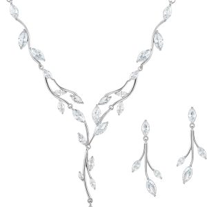 SWEETV Jewelry Set for Women, Cubic Zirconia Marquise Vine Cluster Bridal Earrings and Necklace Set, Bridal Jewelry Set for Wedding Prom