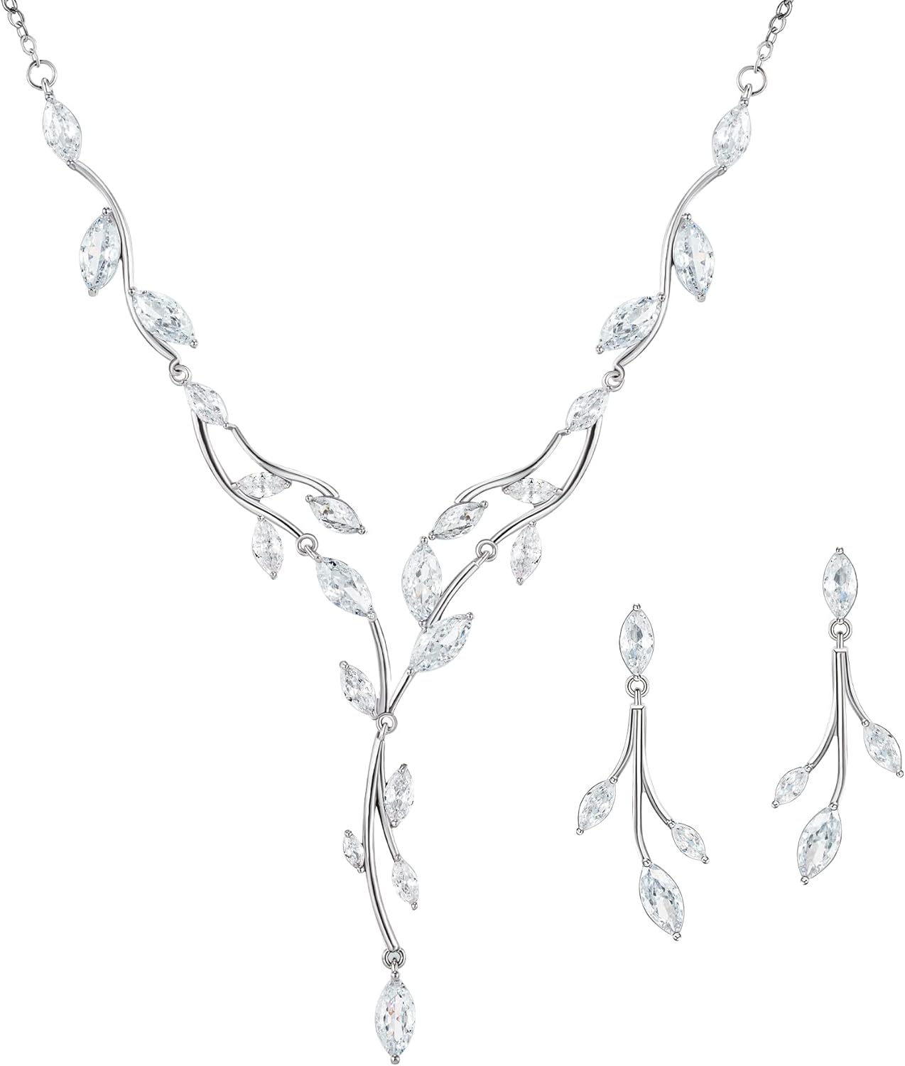 SWEETV Jewelry Set for Women, Cubic Zirconia Marquise Vine Cluster Bridal Earrings and Necklace Set, Bridal Jewelry Set for Wedding Prom