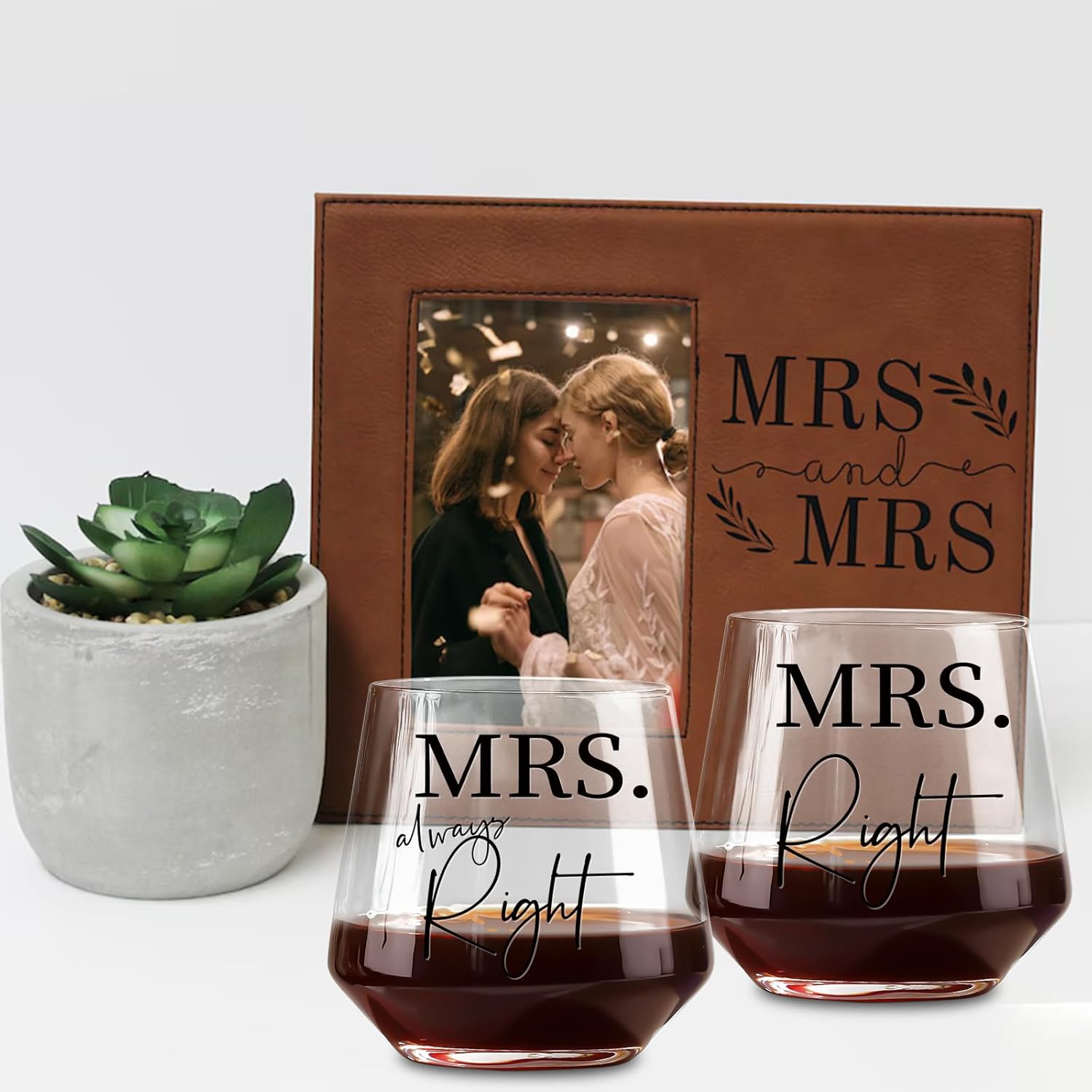 Physkoa Lesbian Wine Glasses Set of 2 Mrs Right& Mrs Always Right Wedding,Engagement, Anniversary, Birthday Gift for Lesbian Couples