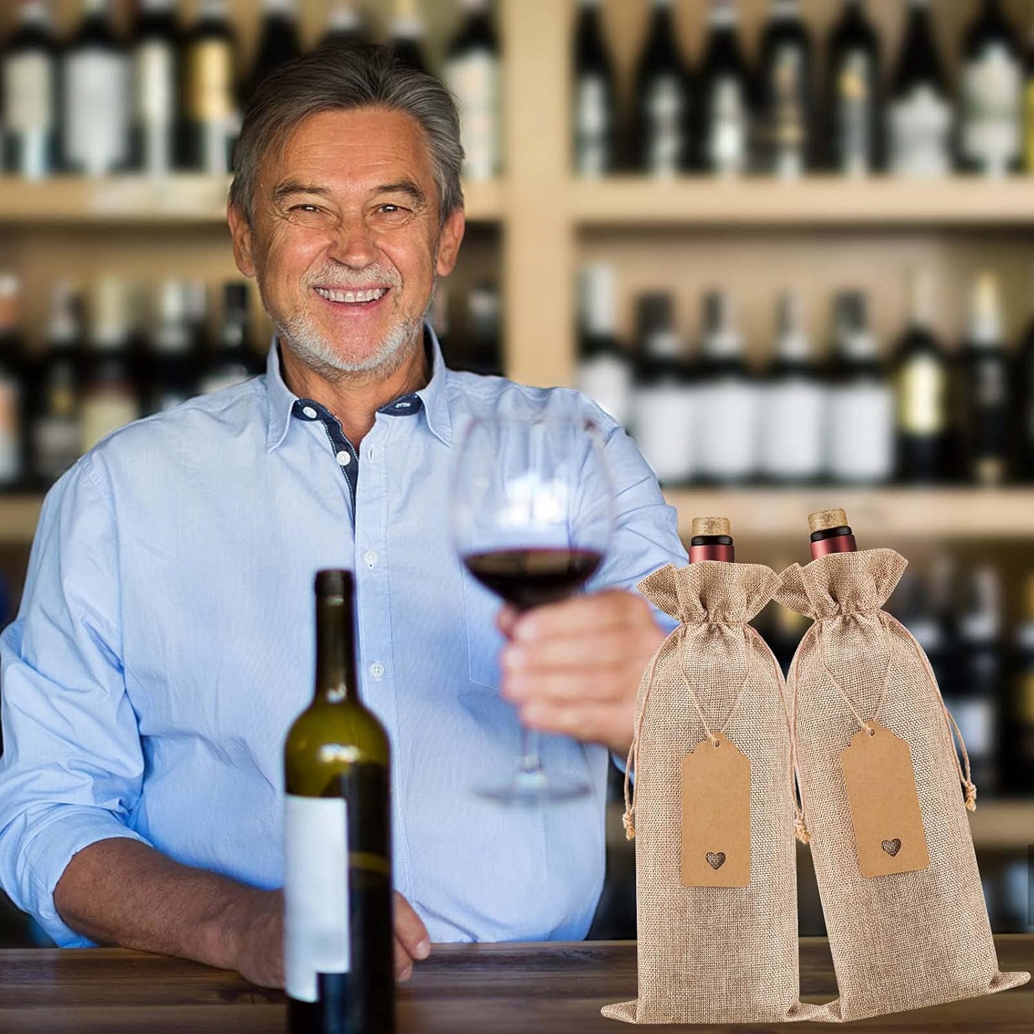 Homum 12Pcs Premium Burlap Wine Bags and 12Pcs Gift Tags, Reusable Wine Gift Bags with Drawstrings, Wine Bottle Bags, Wine Bags for Wedding, Birthday, Blind Tastings, Christmas, Travel,Party, Home Storage