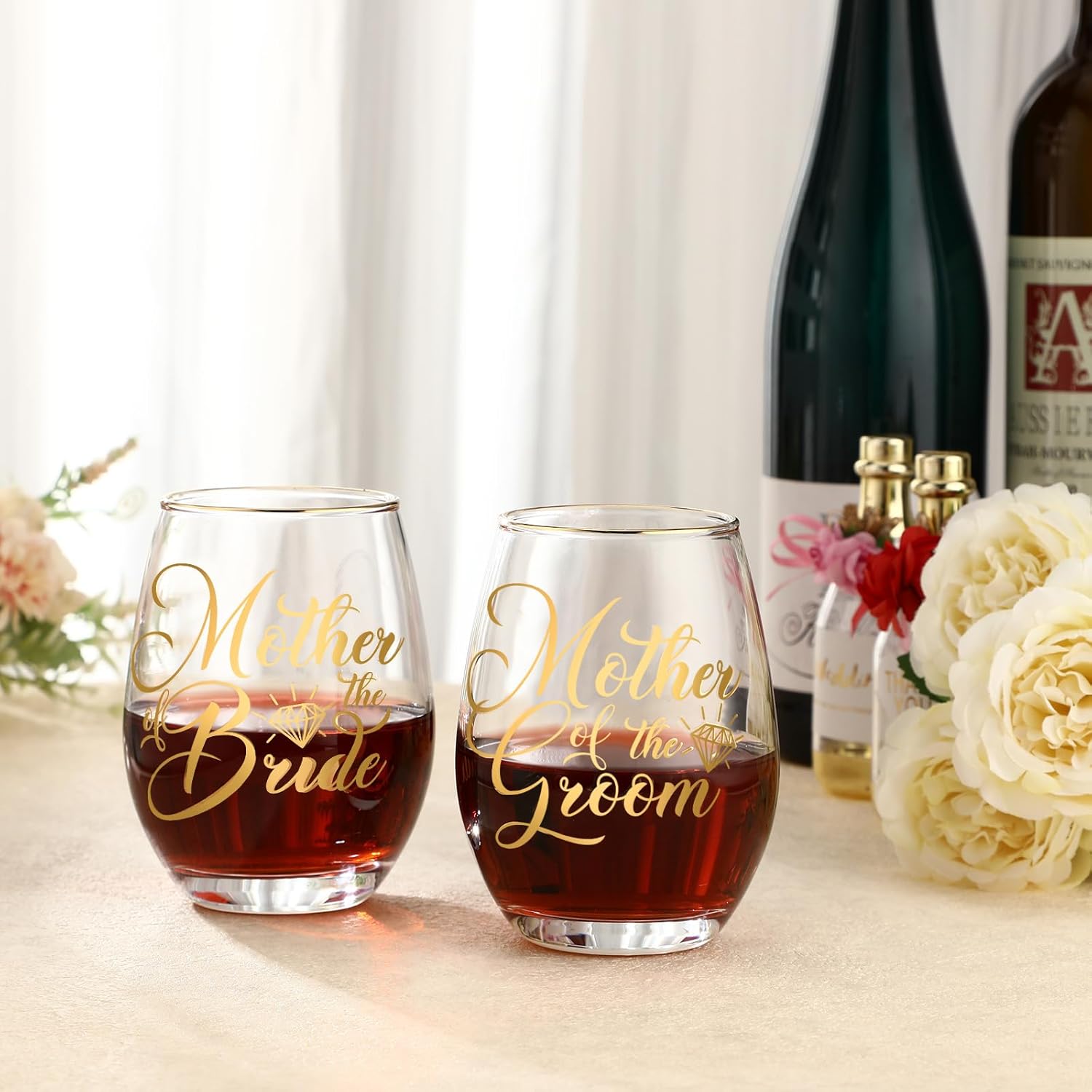 2 Pcs Mother of the Bride and Groom Gifts Wine Glasses Drink Cup 15 Ounce Stemless Wedding Toasting Glass Tumbler Wedding Proposal Gift for Mother(Gold)