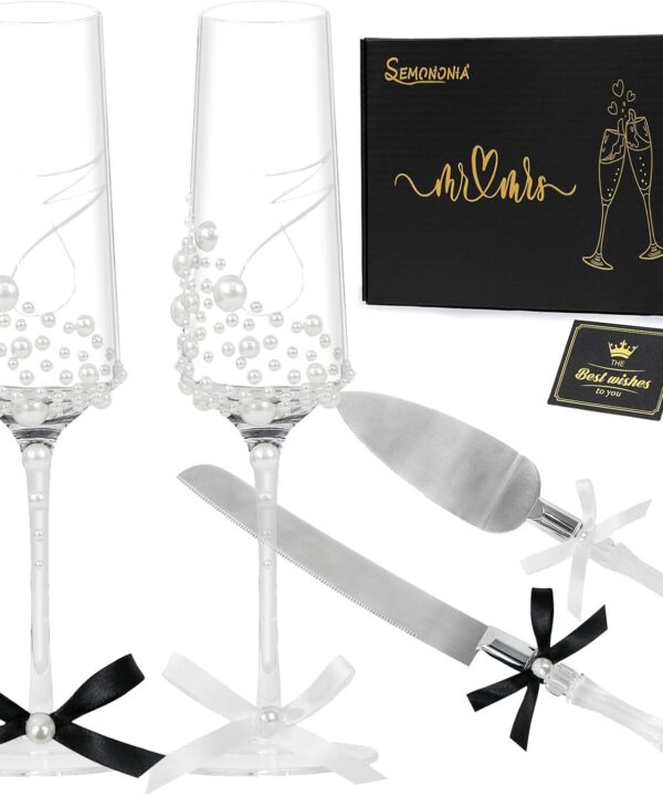 Wedding Toasting Flutes and Cake Server Set of 4 - Champagne Glasses and Knife Server Set, Bride and Groom Wine Glasses and Cake Knives Set Gifts for Bridal Shower Anniversary Engagement Chirstmas