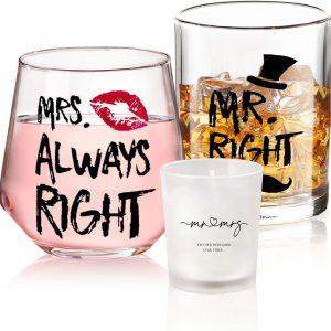 Mr. Right & Mrs. Always Right Whiskey & Wine Glasses - Funny Couple Gifts for Wedding, Anniversary, Valentine's Day