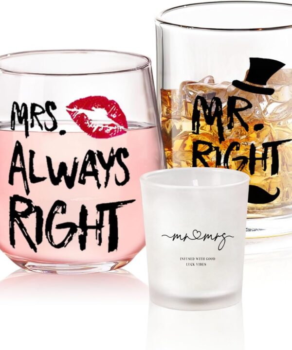 Mr. Right & Mrs. Always Right Whiskey & Wine Glasses - Funny Couple Gifts for Wedding, Anniversary, Valentine's Day