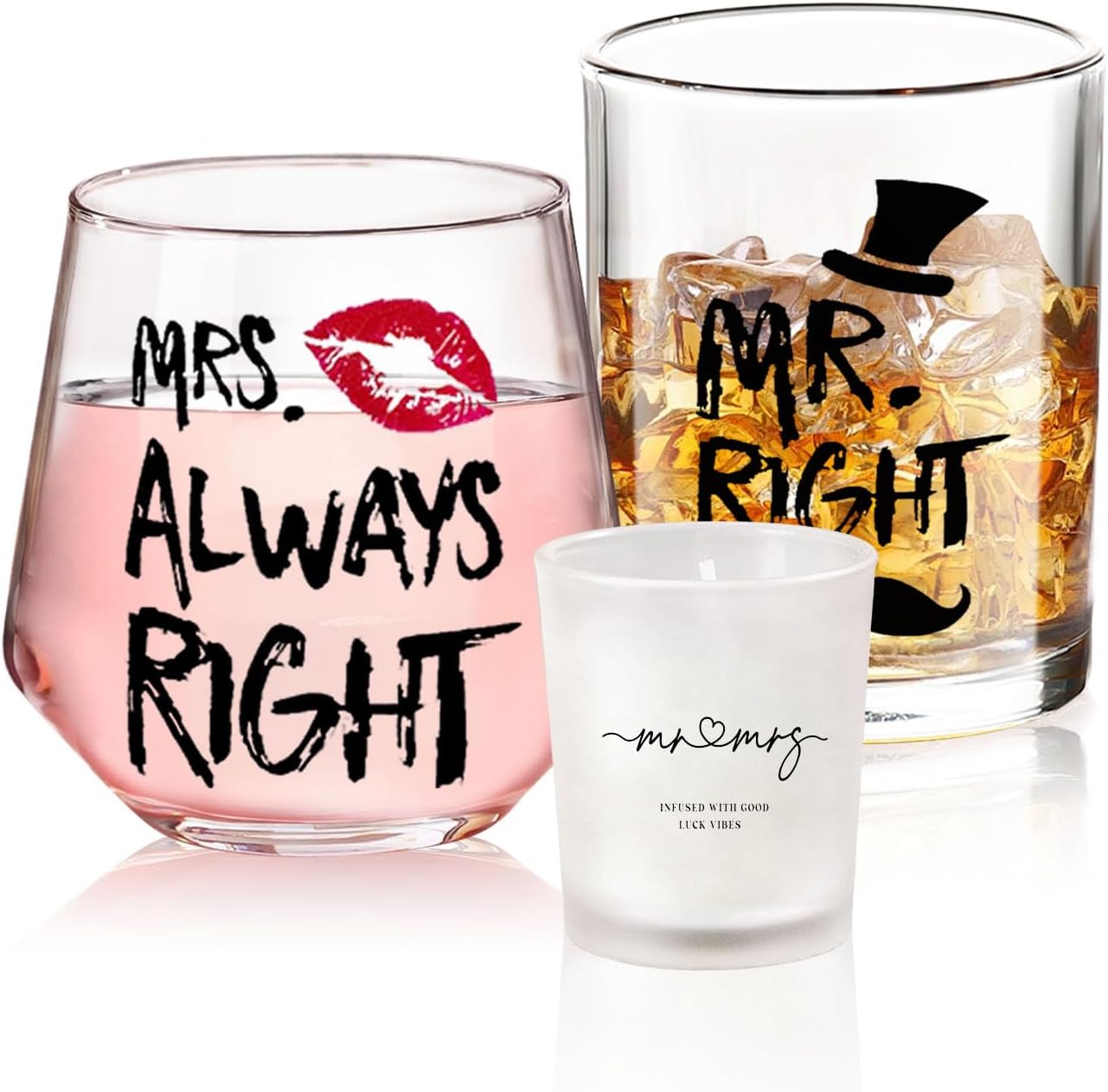 Mr. Right & Mrs. Always Right Whiskey & Wine Glasses - Funny Couple Gifts for Wedding, Anniversary, Valentine's Day