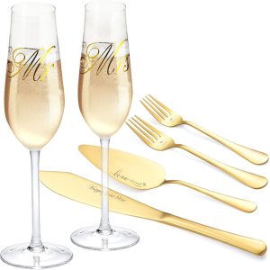 Wedding Cake Knife and Server Set, Mr and Mrs Champagne Flutes With Cake Cutting Set, Glasses for Bride and Groom (Gold)