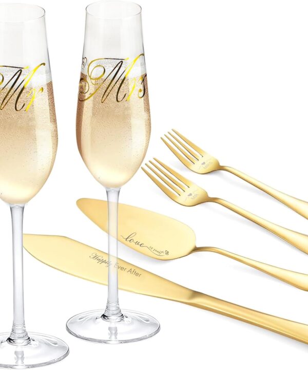 Wedding Cake Knife and Server Set, Mr and Mrs Champagne Flutes With Cake Cutting Set, Glasses for Bride and Groom (Gold)
