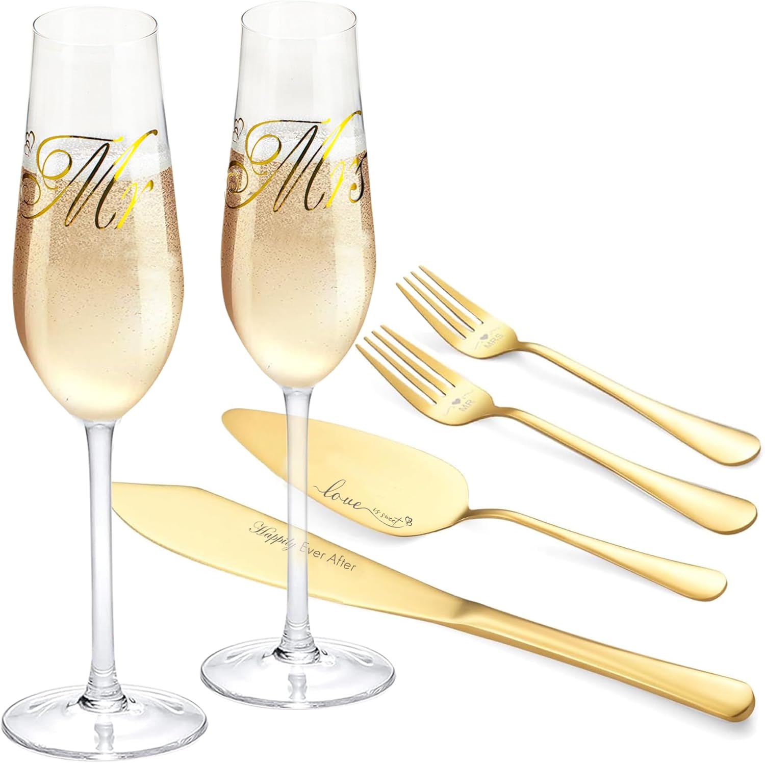Wedding Cake Knife and Server Set, Mr and Mrs Champagne Flutes With Cake Cutting Set, Glasses for Bride and Groom (Gold)