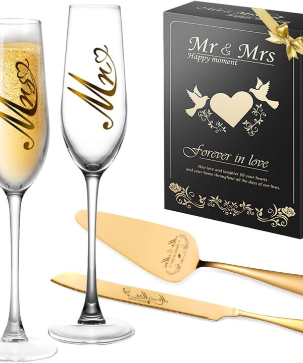 Mr and Mrs Champagne Flutes, Bride and Groom Champagne Glasses, Wedding Cake Knife and Server Set, Cake Cutting Set for Wedding, Bridal Shower Gifts, Engagement Gifts for Couples (Gold, Set of 4)