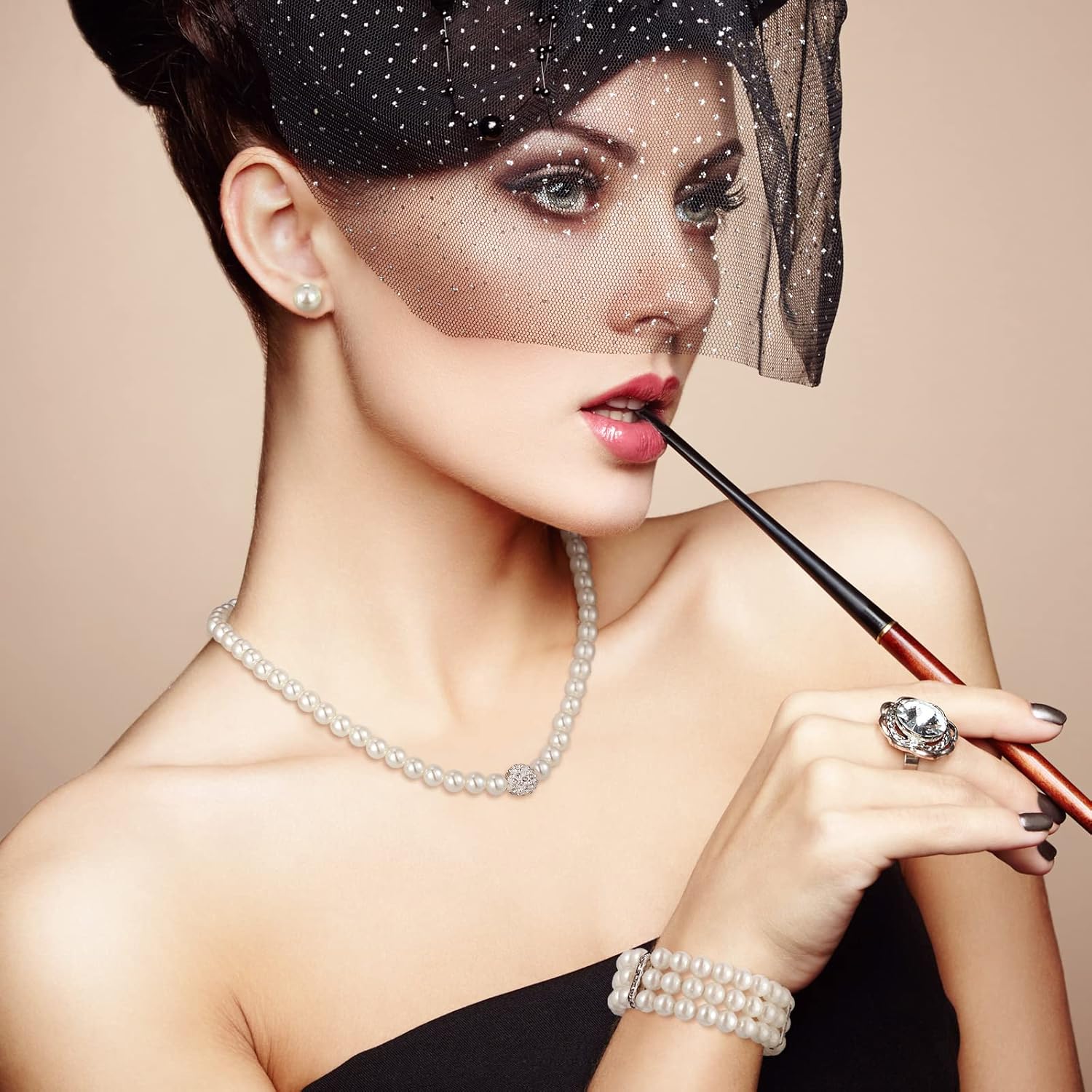 Glenmal Pearl Rhinestone Jewelry Set for Women Pearl Necklace Bracelet Earrings for Wedding Birthday Bridal Shower Tea Party