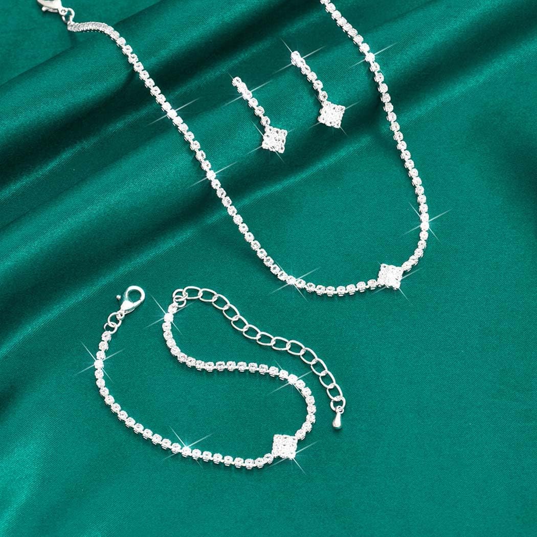 Unicra Silver Bridal Wedding Jewelry Set Sparkly Rhinestone Necklace Earrings Bracelet Sets Formal Costume Jewelry for Women and Brides