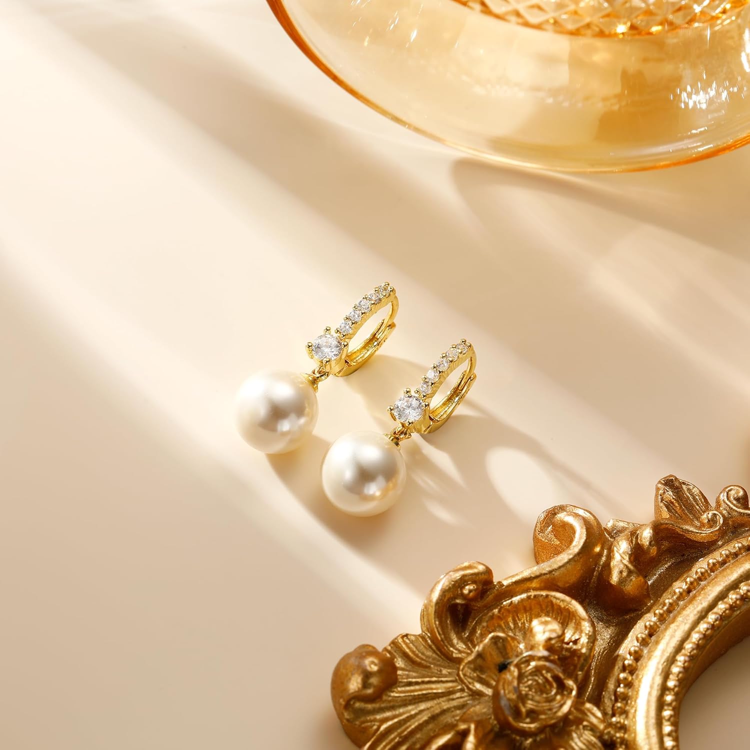 Pearl Earrings for Women 14K Gold Plated Hypoallergenic Pearl Earrings 5A Cubic Zirconia Dangle Earrings Elegant Jewelry