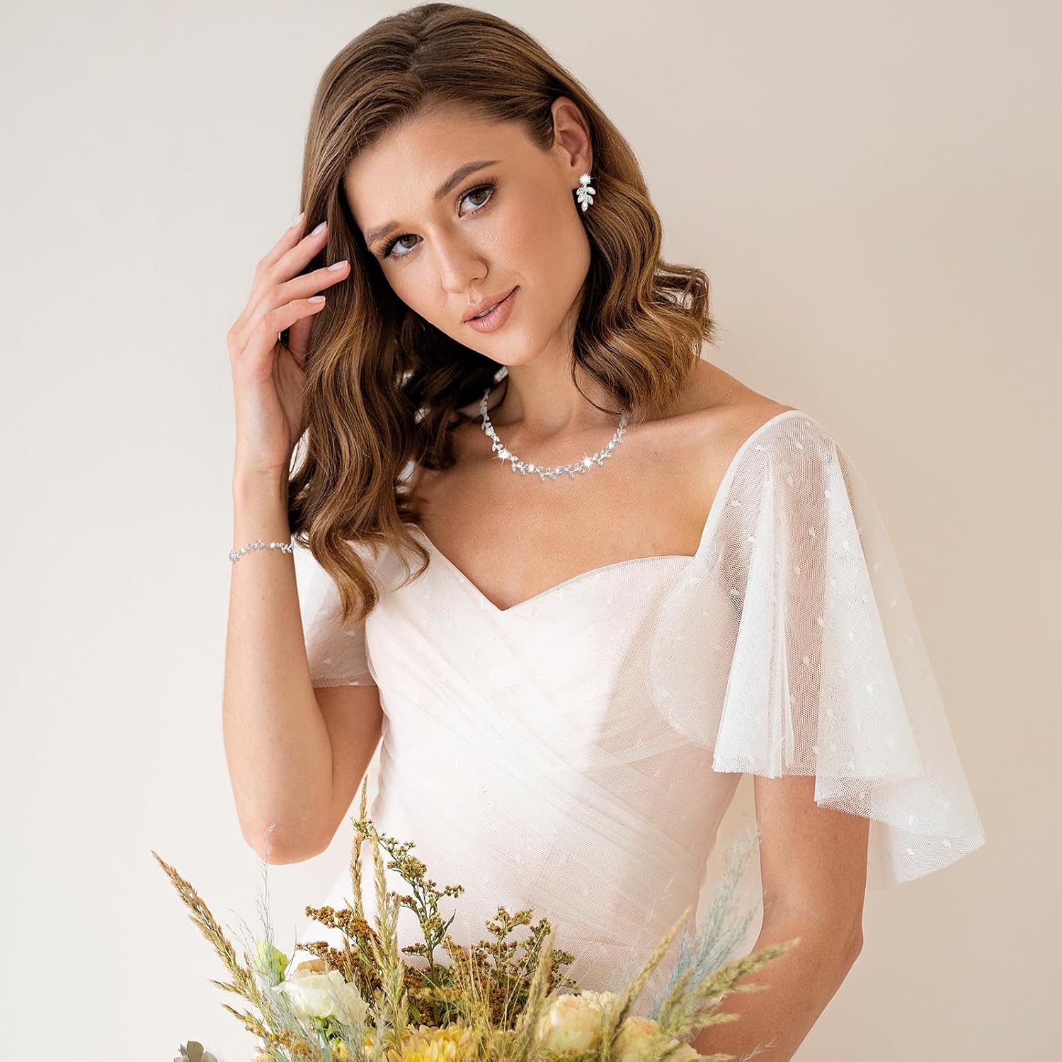 DIVINA VITAE 4 Pcs Crystal Rhinestone Wedding Set for Women Silver Wedding Necklace and Earring Set Bridal Bridesmaid Prom Costume Formal Jewelry Sets Accessories