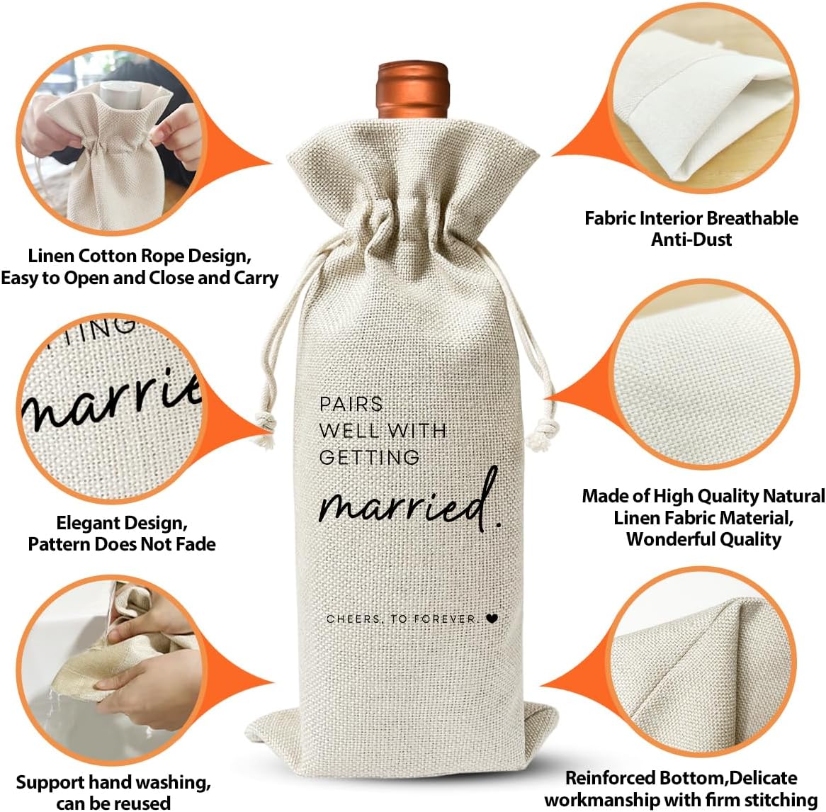 Wedding Or Engagement Gift Wine Bag For Couple Bride Groom Her Him Women, Wedding Or Engagement Party Decorations Favors, New Bride Gift Idea, Paris Well With Getting Married, Cotton Linen Wine Bag