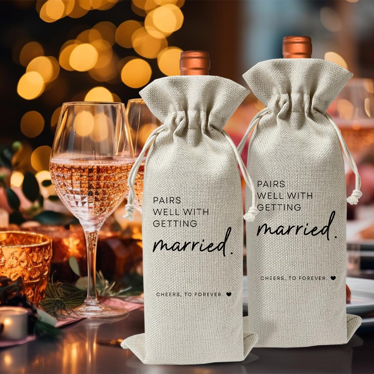 Wedding Or Engagement Gift Wine Bag For Couple Bride Groom Her Him Women, Wedding Or Engagement Party Decorations Favors, New Bride Gift Idea, Paris Well With Getting Married, Cotton Linen Wine Bag