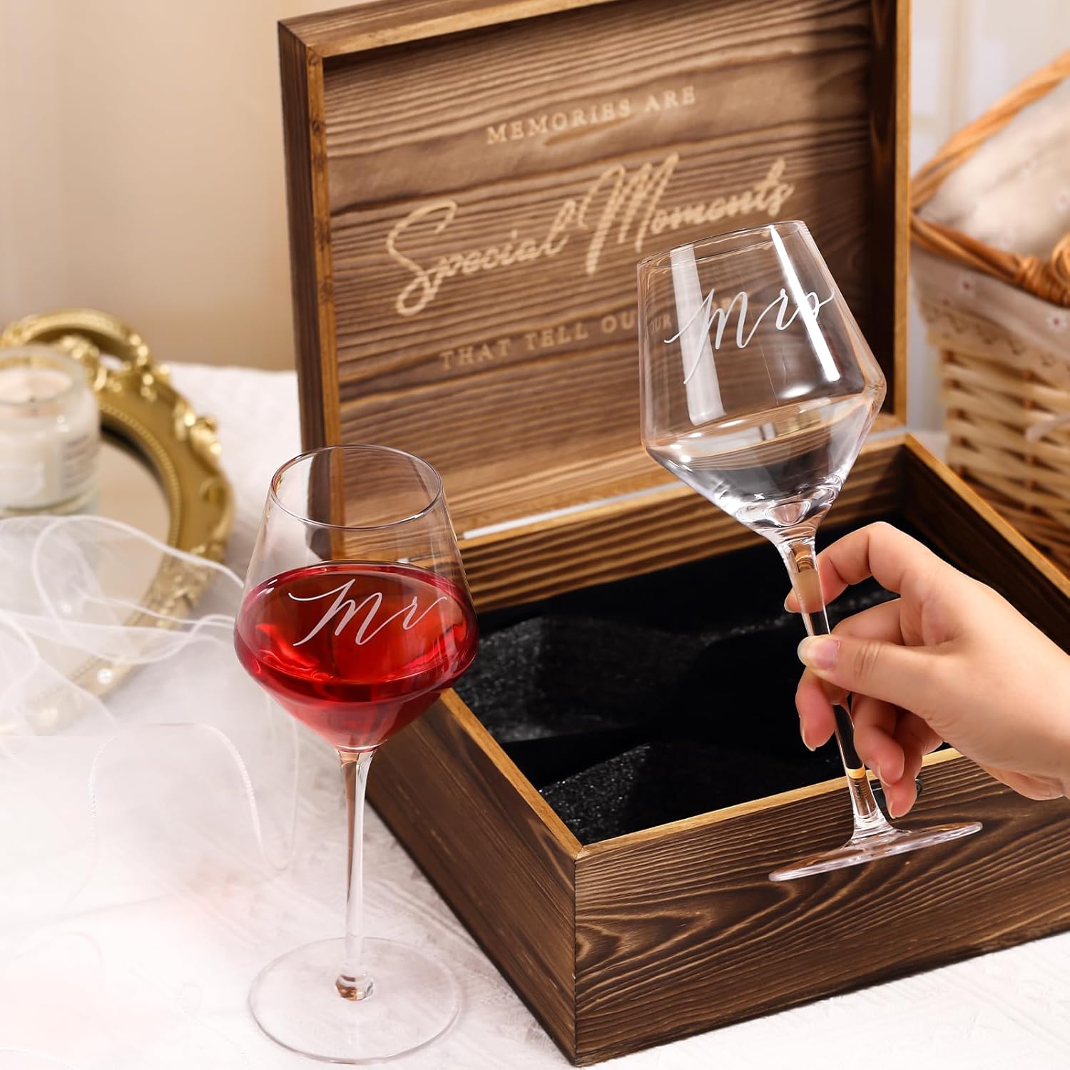 Wedding Gifts Mr and Mrs Wine Glasses, Bridal Shower Engagement Gifts for Couples,Wedding Glasses for Bride and Groom, Memory Keepsake Box, Wine Bag, Greeting Card