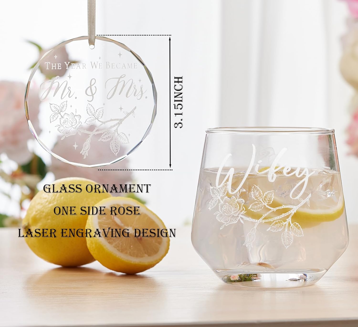 Laser engraving Wedding Gifts for Couples His and Hers Whiskey & Wine Glasses with Glass Ornament | Perfect Bridal Shower, Engagement Gifts for Hubby and Wifey