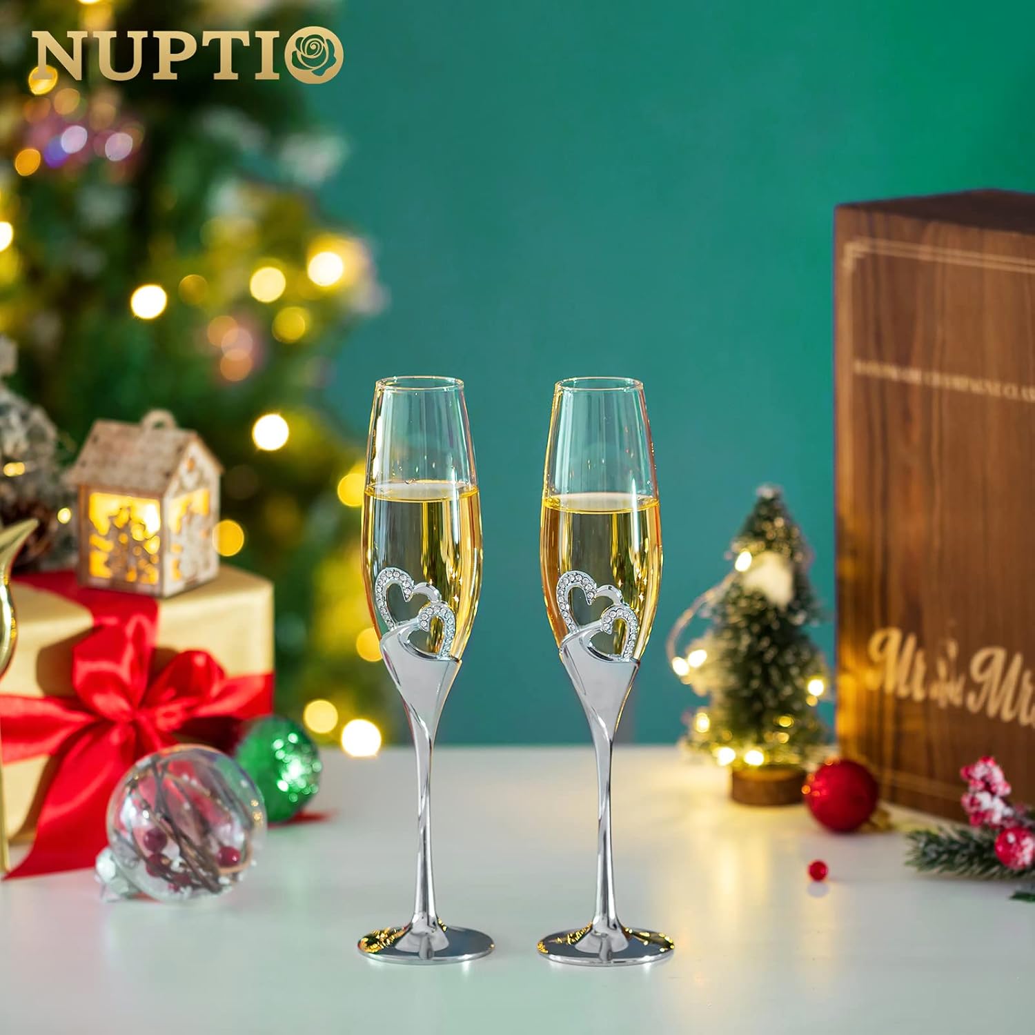 NUPTIO Champagne Flutes Glasses Wedding: Champagne Flute with Wooden Gift Box Crystal Prosecco Glass Set of 2, Silver Gift Set for Engagement Toasting Anniversary Party Bridal Showers