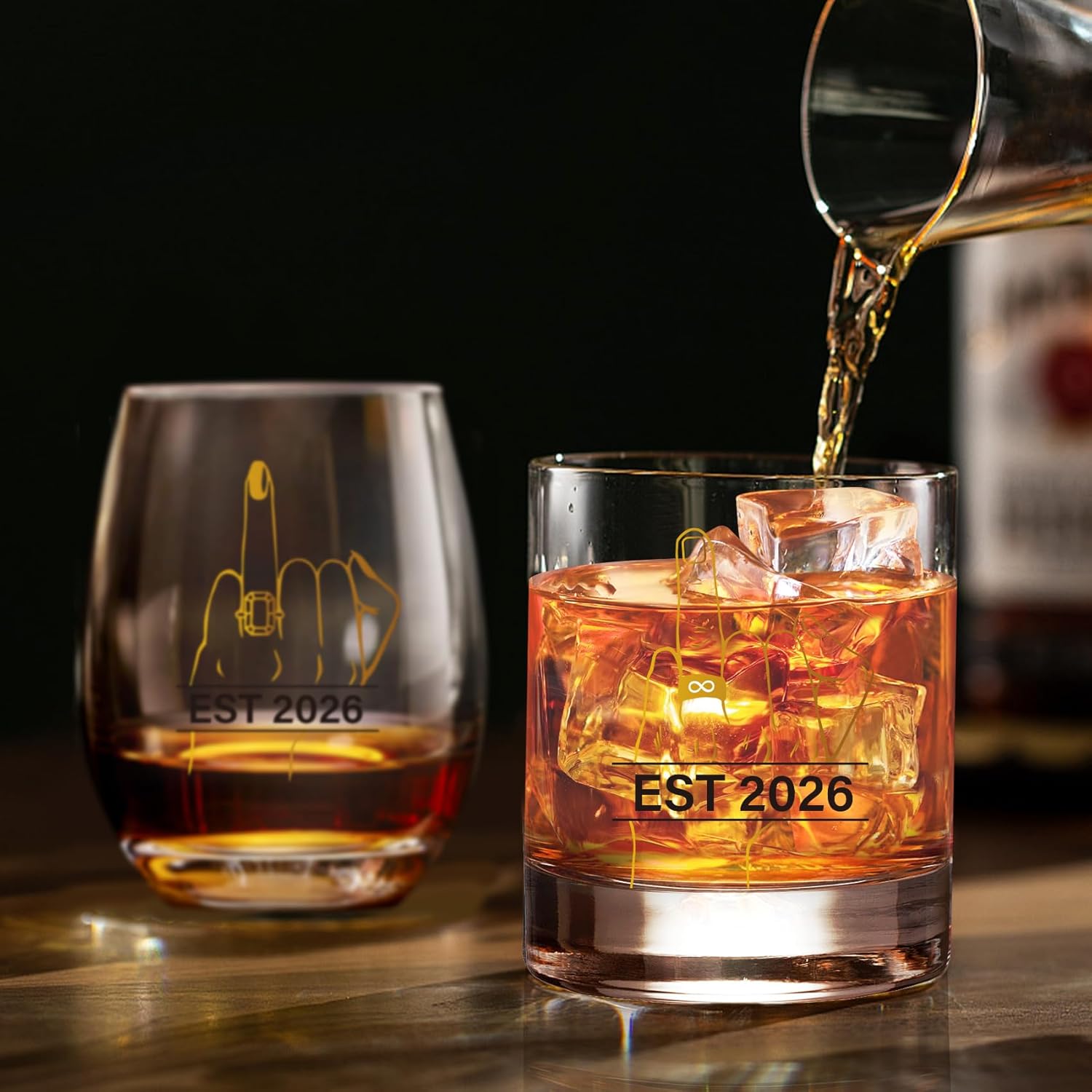 Ring Finger Wine Glass Set for Bride Groom – His & Hers Mr and Mrs Toasting Cups with Ring Design, Funny Wedding Gift for Couples Engagement Bridal Shower Anniversary – 305