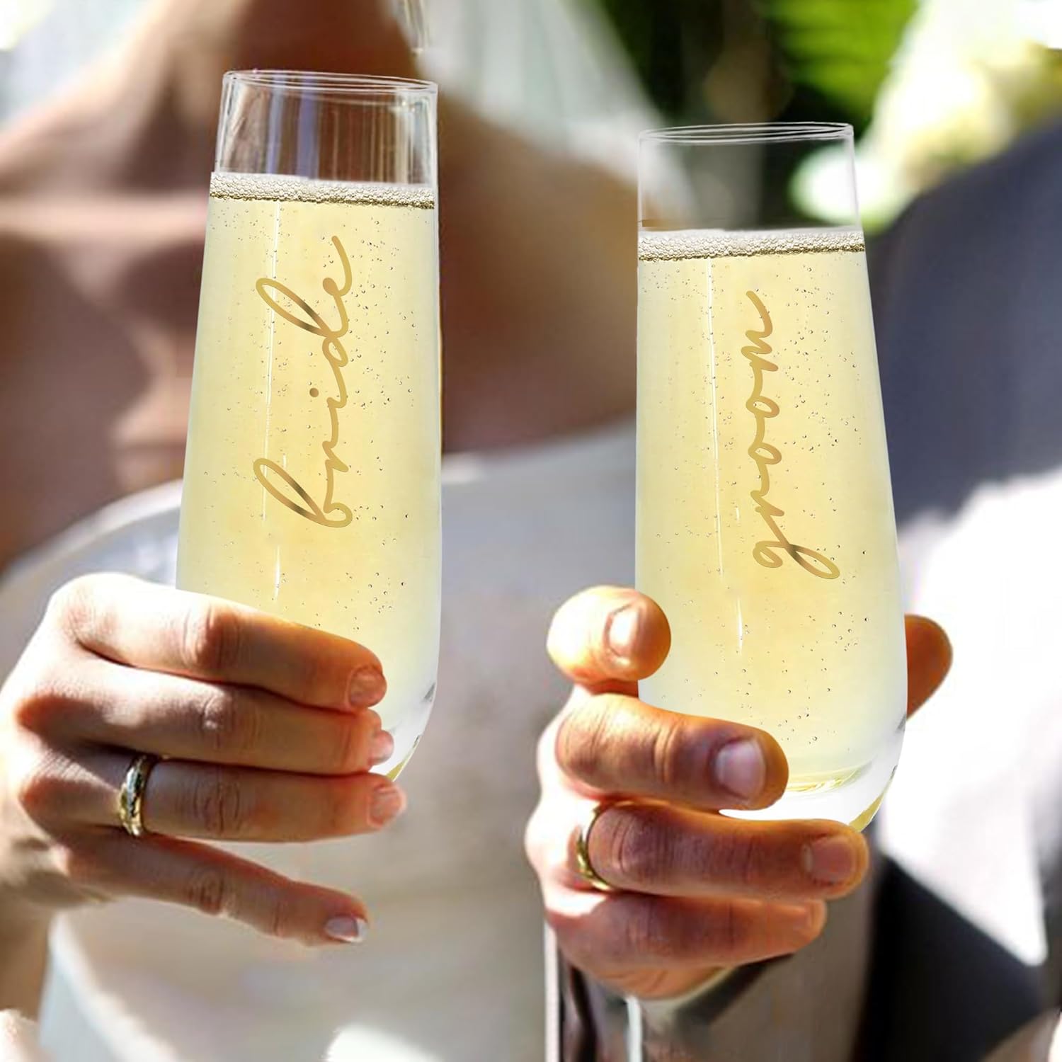 Mr&MrsGifts Bride and Groom Champagne Glasses Set of 2 – Stemless Crystal Flutes for Wedding/Anniversary, 10oz Lead-Free Elegant Toasting Cups, 24K Gold Logo, Romantic Gift for Him & Her(A:GB)