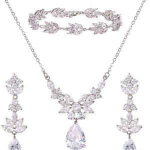 SWEETV Teardrop Wedding Bridal Jewelry Set for Brides Women Bridesmaid, Crystal Rhinestone Backdrop Necklace Earring Sets for Prom