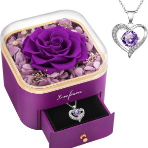 Beferr Gifts for Women Mom Preserved Rose Forever Flower with Necklace Fresh Flowers for Delivery Prime Birthday Gifts for Wife Sister Grandma Christmas Anniversary Eternal Purple Roses