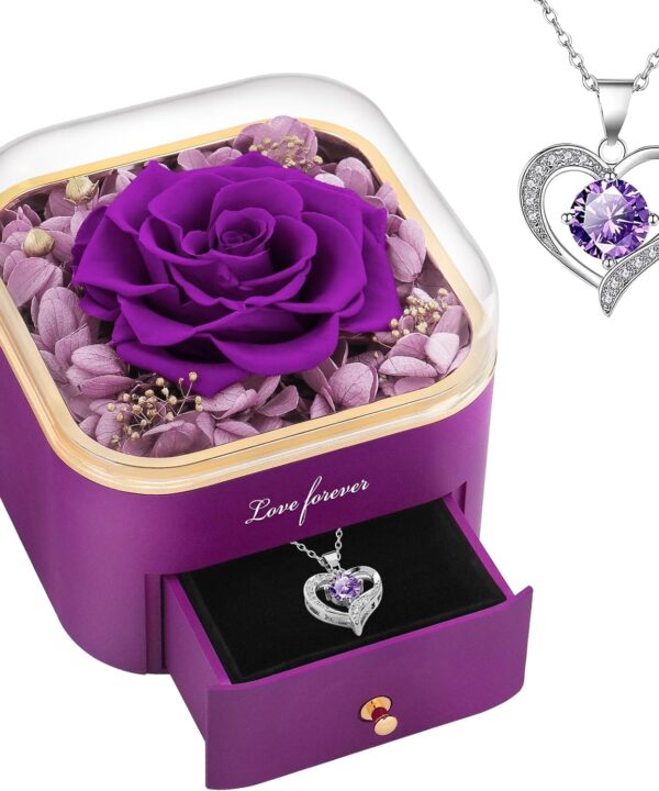 Beferr Gifts for Women Mom Preserved Rose Forever Flower with Necklace Fresh Flowers for Delivery Prime Birthday Gifts for Wife Sister Grandma Christmas Anniversary Eternal Purple Roses