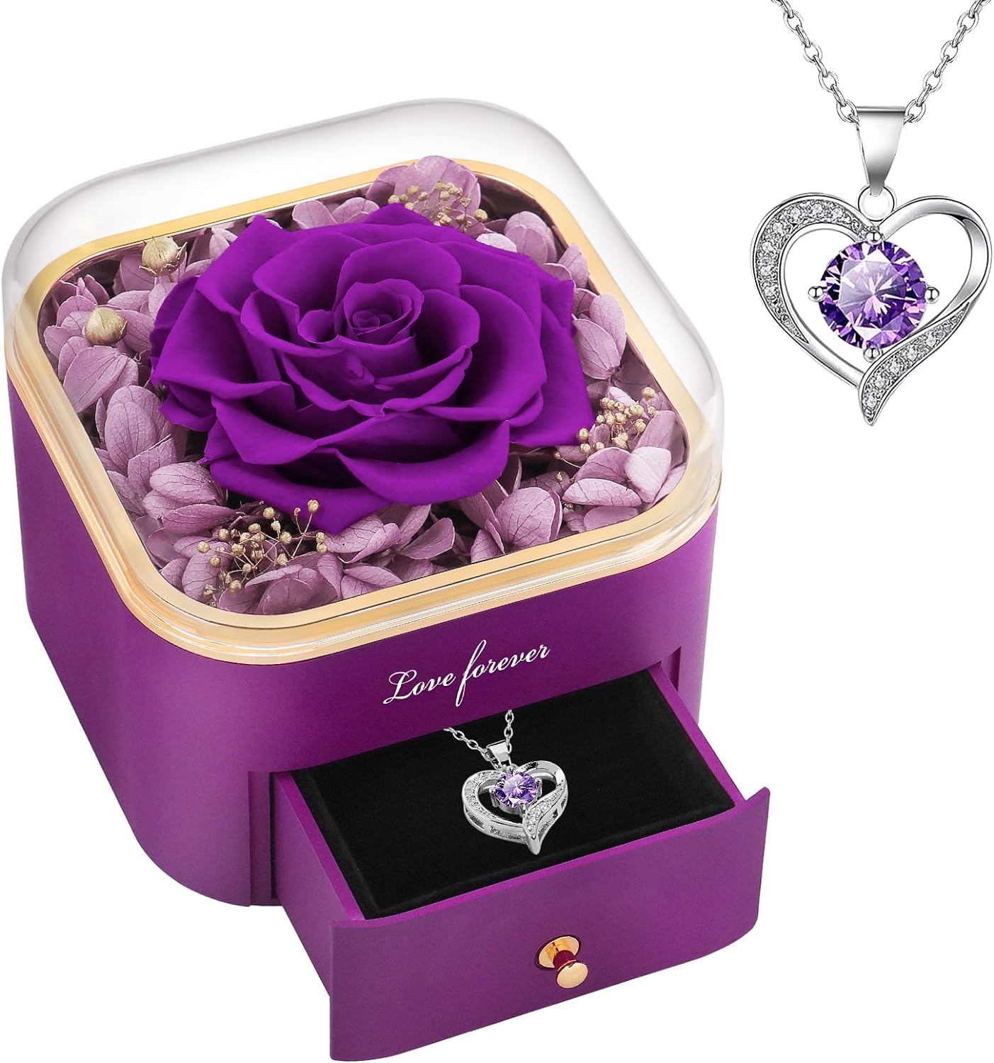 Beferr Gifts for Women Mom Preserved Rose Forever Flower with Necklace Fresh Flowers for Delivery Prime Birthday Gifts for Wife Sister Grandma Christmas Anniversary Eternal Purple Roses