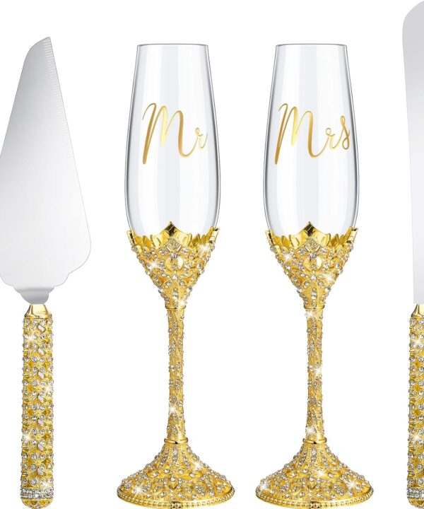 Sratte 4 Pcs Wedding Cake Knife and Champagne Flutes Server Set, Toasting Crystal Rhinestone Champagne Flutes Glasses Cake Knife Pie Server Wedding Gifts for Couple Bride Groom (Gold,Elegant)