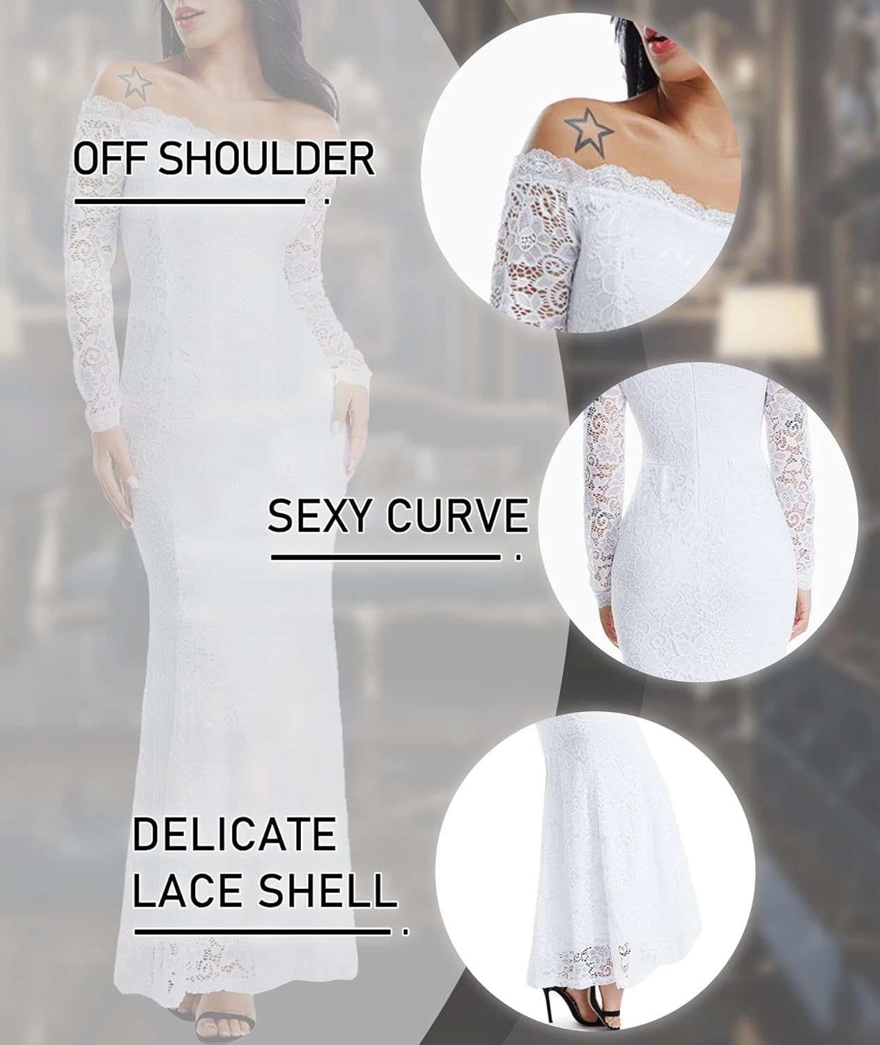 LALAGEN Women’s Floral Lace Long Sleeve Off Shoulder Wedding Mermaid Dress