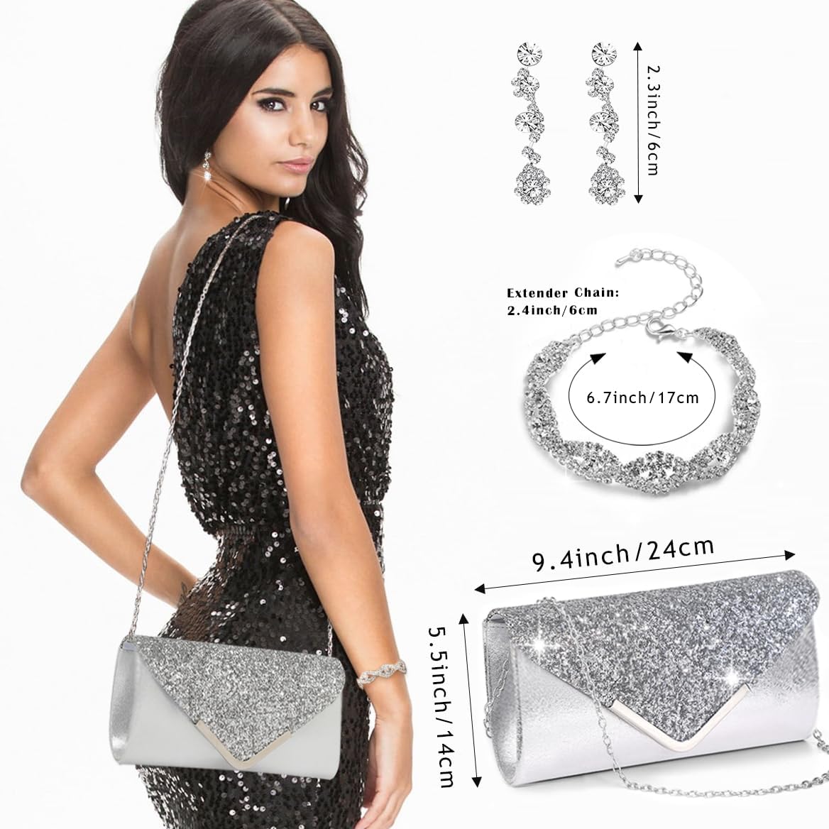10Pcs Silvery Rhinestone Jewelry Set for Women Bride Wedding Prom Jewelry Evening Rhinestone Sparkly Clutch Purse Bag Necklace Tennise Layered Bracelets CZ Ring Crystal Drop Earring Set Silvery Shiny Costume Kit