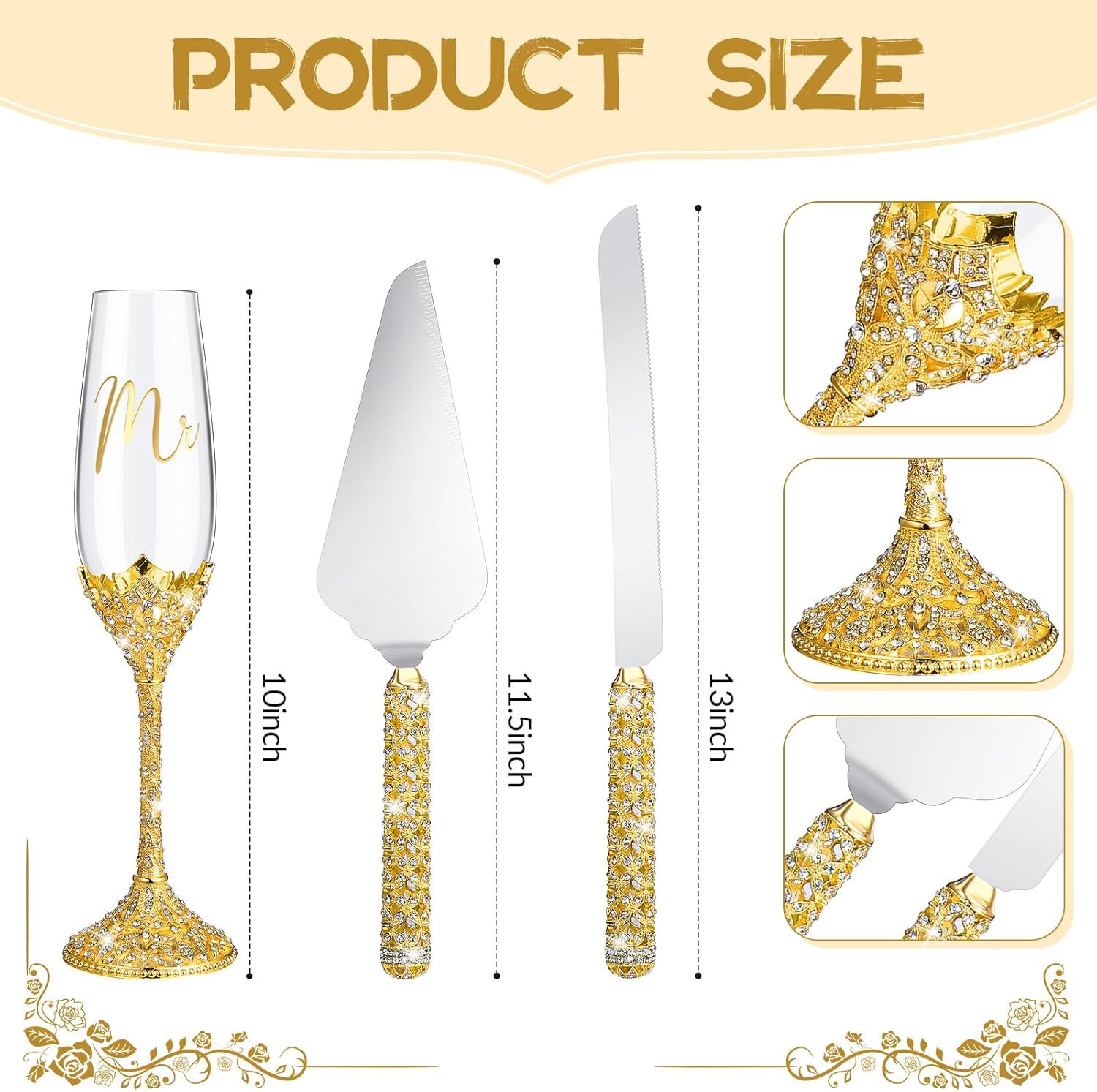 Sratte 4 Pcs Wedding Cake Knife and Champagne Flutes Server Set, Toasting Crystal Rhinestone Champagne Flutes Glasses Cake Knife Pie Server Wedding Gifts for Couple Bride Groom (Gold,Elegant)
