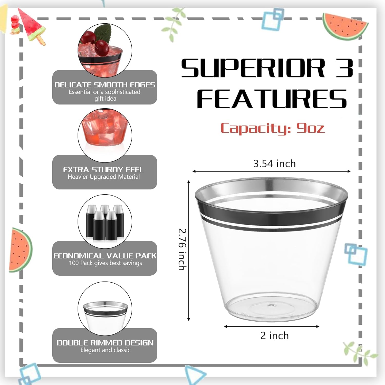 Skylety 100 Pcs Plastic Wine Cups 9 oz Disposable Clear Drinking Cup Wine Glasses Wedding Drinking Tumblers Plastic Cocktail Glasses for Halloween Christmas Graduation Birthday Bridal Party(Black)