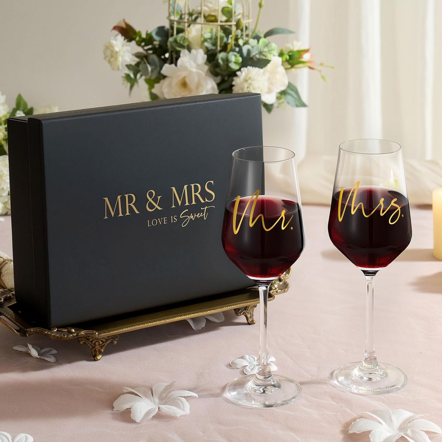 AW BRIDAL Mr and Mrs Wine Glasses Set of 2 for Engagement Bridal Shower, Wedding Gifts for Newlywed Couples 2025, Personalized Anniversary Wine Glass Gift Basket for Bride Groom and Fiance Fiancee