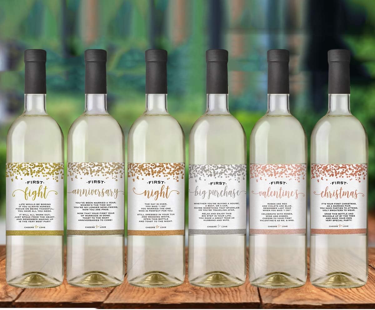 Printed Party Marriage Milestones, Greenery Wedding Firsts, 6 Wine Bottle Labels