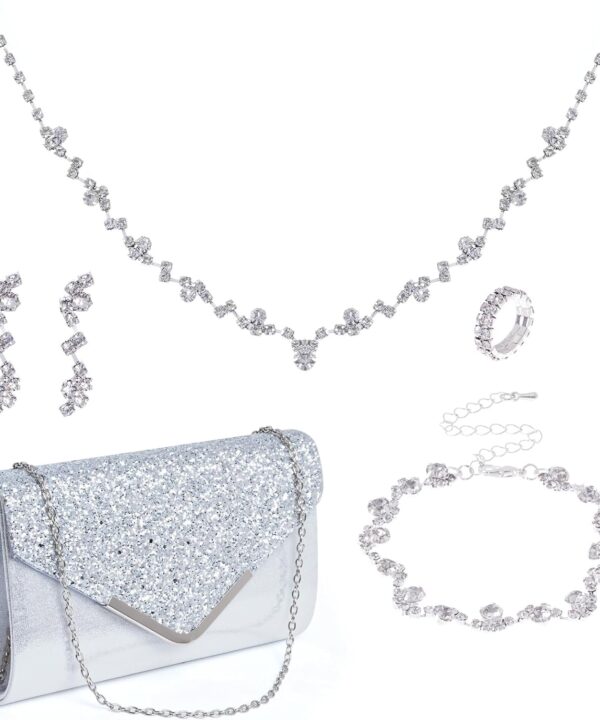 5 Pcs Women Purse Rhinestone Wedding Jewelry Set Crystal Bridal Necklace Bracelet Earrings Ring Clutch Purse Evening Bag Handbag for Brides Bridesmaid Wedding Halloween Evening Party