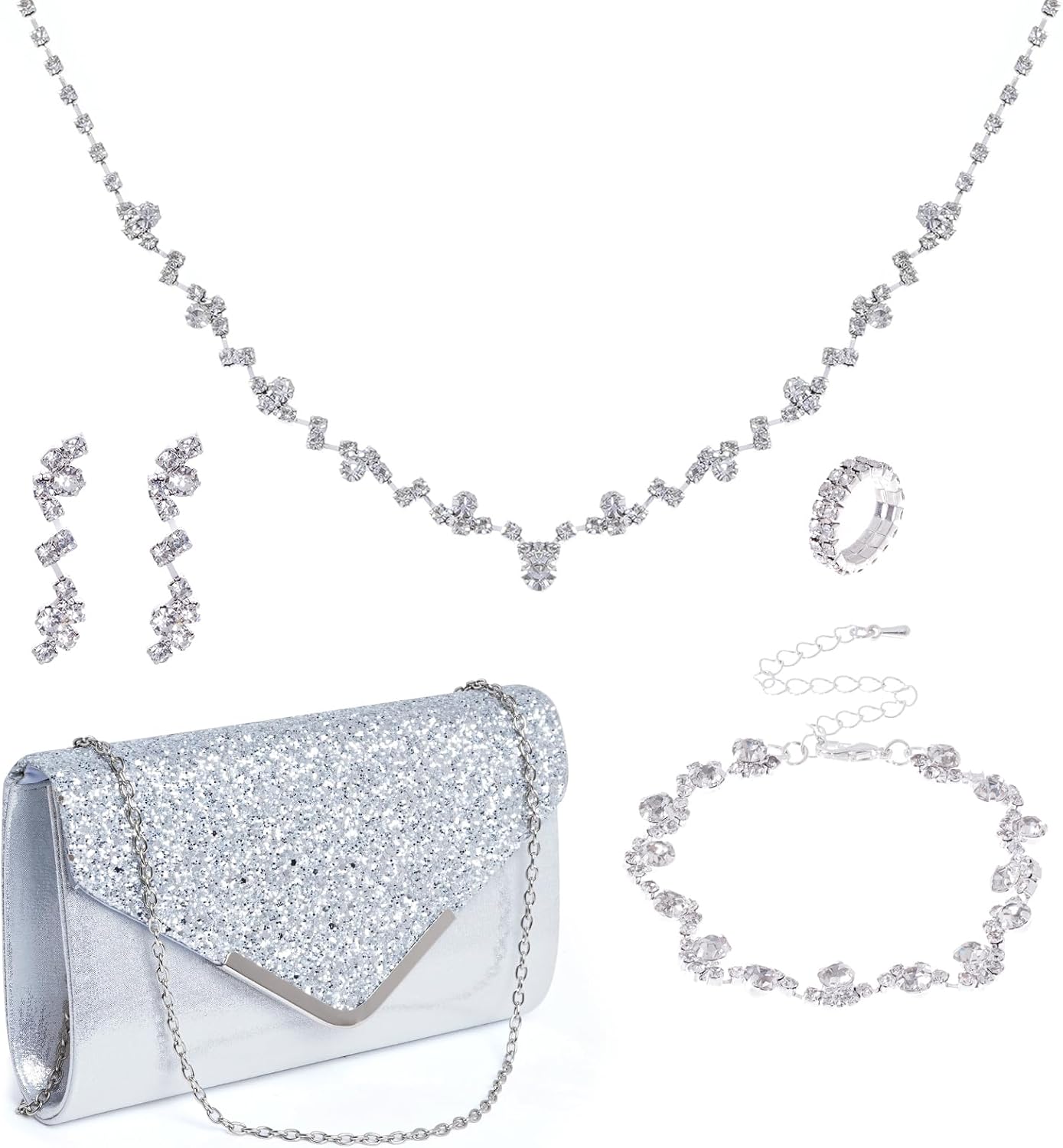 5 Pcs Women Purse Rhinestone Wedding Jewelry Set Crystal Bridal Necklace Bracelet Earrings Ring Clutch Purse Evening Bag Handbag for Brides Bridesmaid Wedding Halloween Evening Party