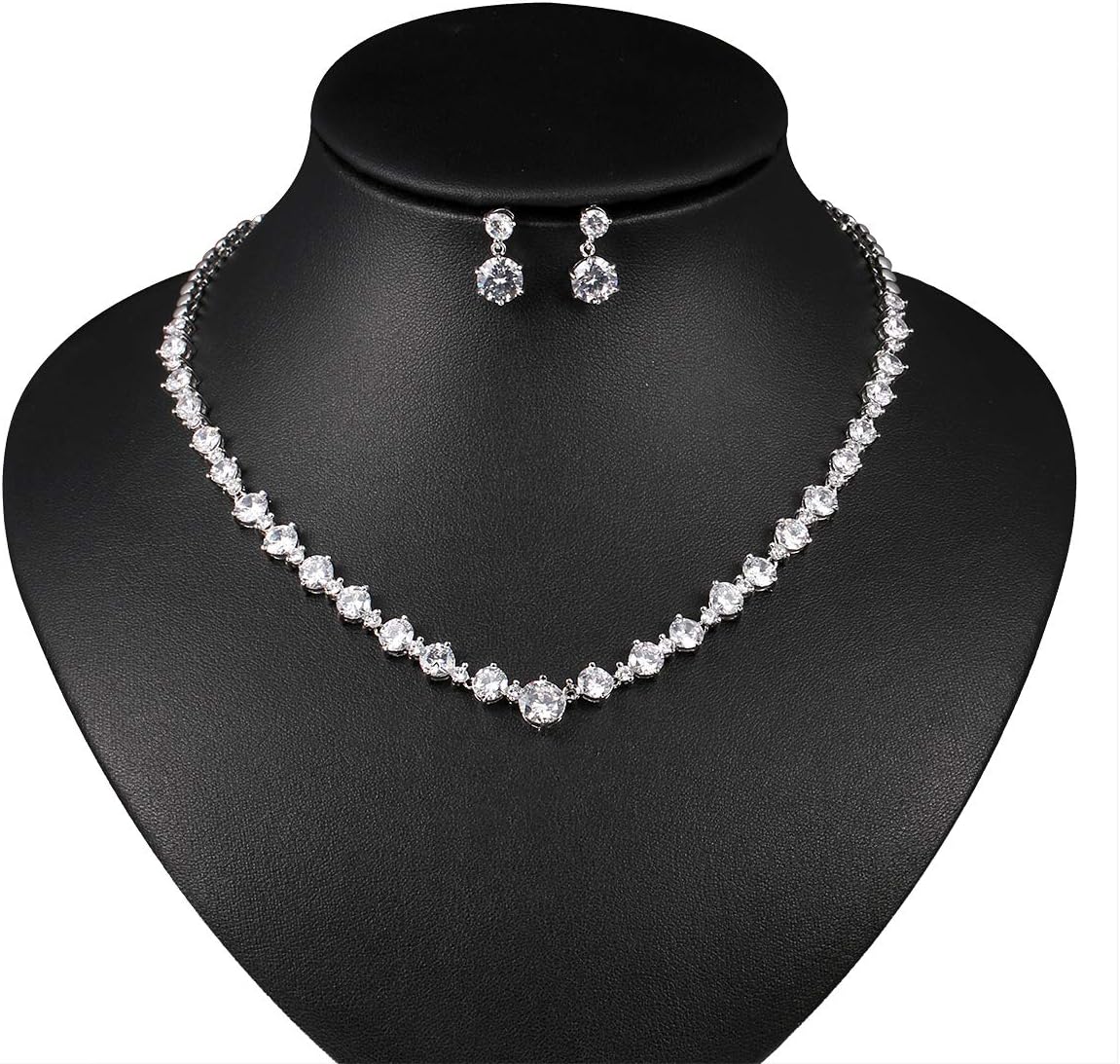 WeimanJewelry Silver/Gold Plated Women Cubic Zirconia Round Cut CZ Bridal Necklace and Drop Earring Set for Bride Wedding (Silver)