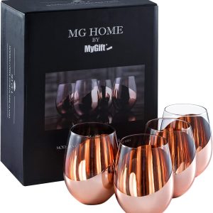 MyGift Stemless Wine Glasses Set of 4 - Copper Accent Modern Barware, Elegant Wedding & Celebration Cups with Luxe Metallic Finish, Dishwasher Safe