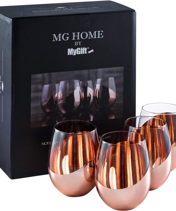 MyGift Stemless Wine Glasses Set of 4 - Copper Accent Modern Barware, Elegant Wedding & Celebration Cups with Luxe Metallic Finish, Dishwasher Safe