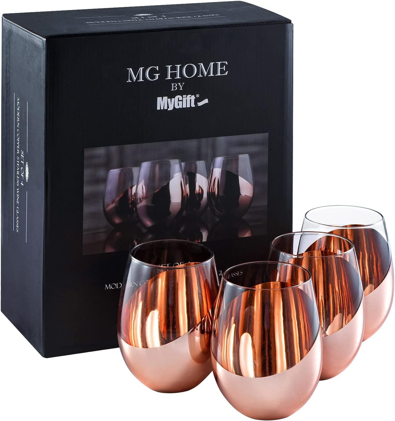 MyGift Stemless Wine Glasses Set of 4 - Copper Accent Modern Barware, Elegant Wedding & Celebration Cups with Luxe Metallic Finish, Dishwasher Safe