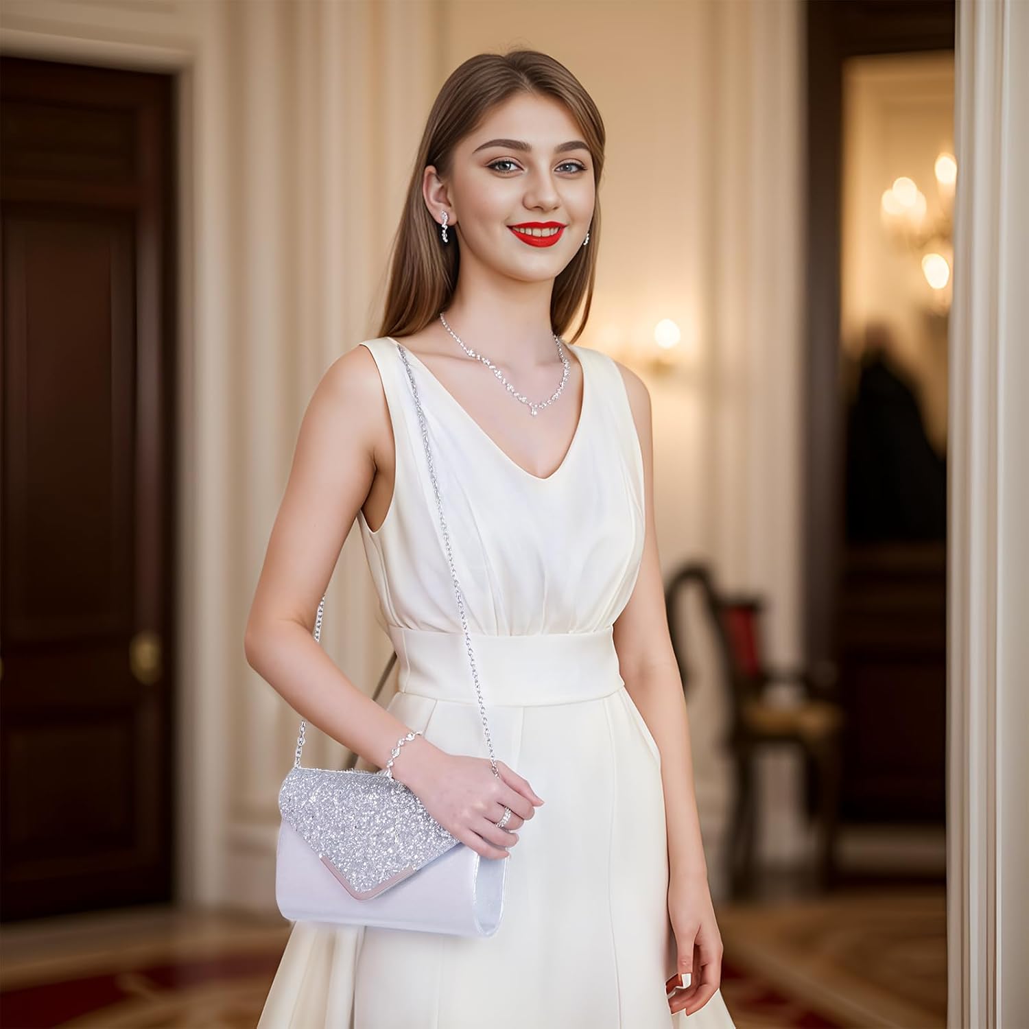 5 Pcs Women Purse Rhinestone Wedding Jewelry Set Crystal Bridal Necklace Bracelet Earrings Ring Clutch Purse Evening Bag Handbag for Brides Bridesmaid Wedding Halloween Evening Party