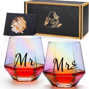 Mr & Mrs Iridescent Diamond Shaped Stemless Wine Glasses for Couples - Unique Colorful His & Hers Wedding & Engagement Gift Set of 2