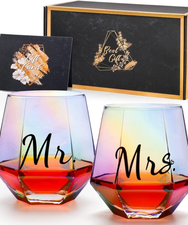 Mr & Mrs Iridescent Diamond Shaped Stemless Wine Glasses for Couples - Unique Colorful His & Hers Wedding & Engagement Gift Set of 2